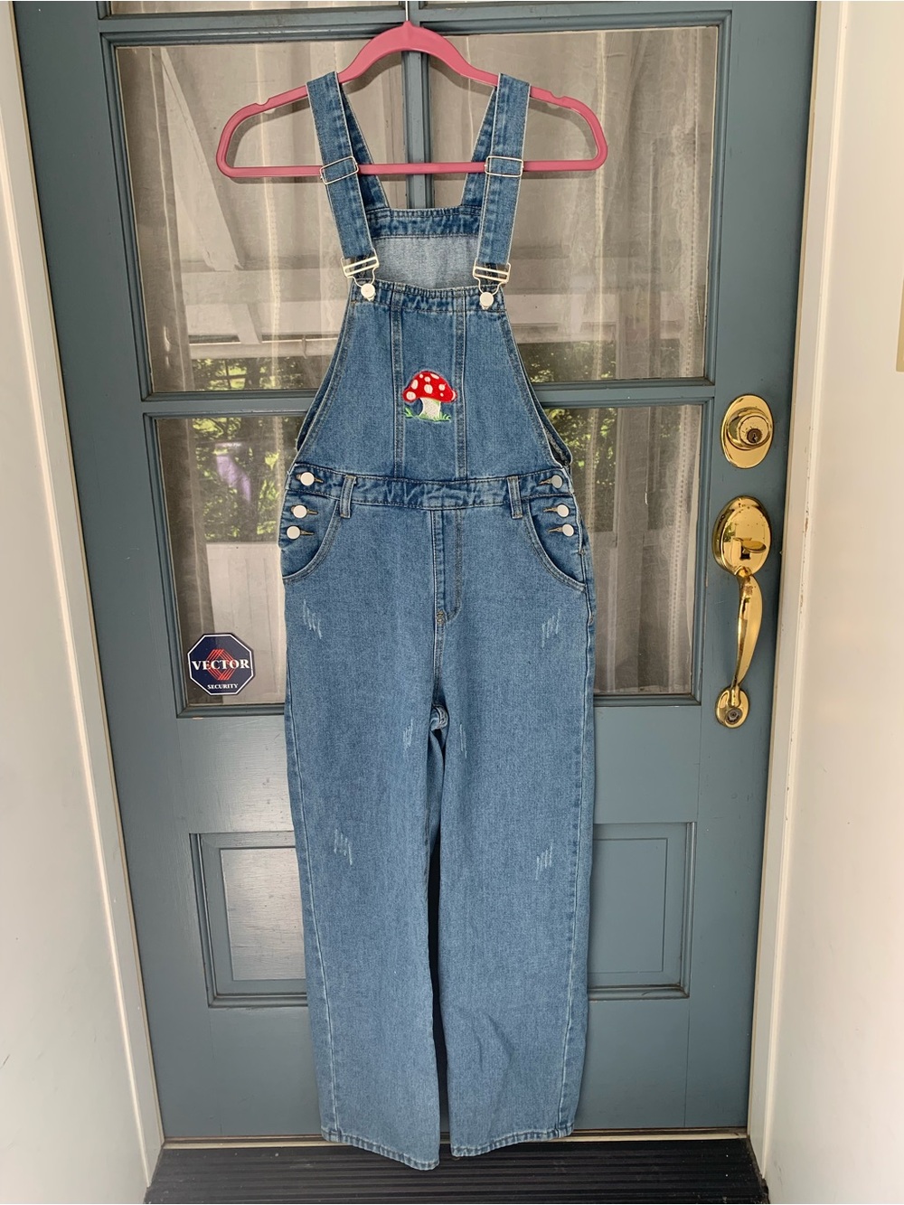ROMWE Blue Denim Overalls with Red Mushroom Patch Size S (4)